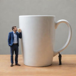 A colossal coffee mug dominating the frame, with a tiny man standing next to it, providing a scale of comparison.