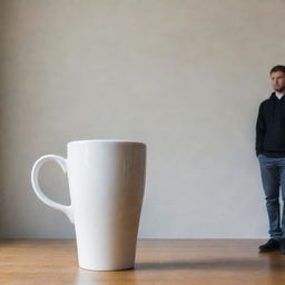 A colossal coffee mug dominating the frame, with a tiny man standing next to it, providing a scale of comparison.