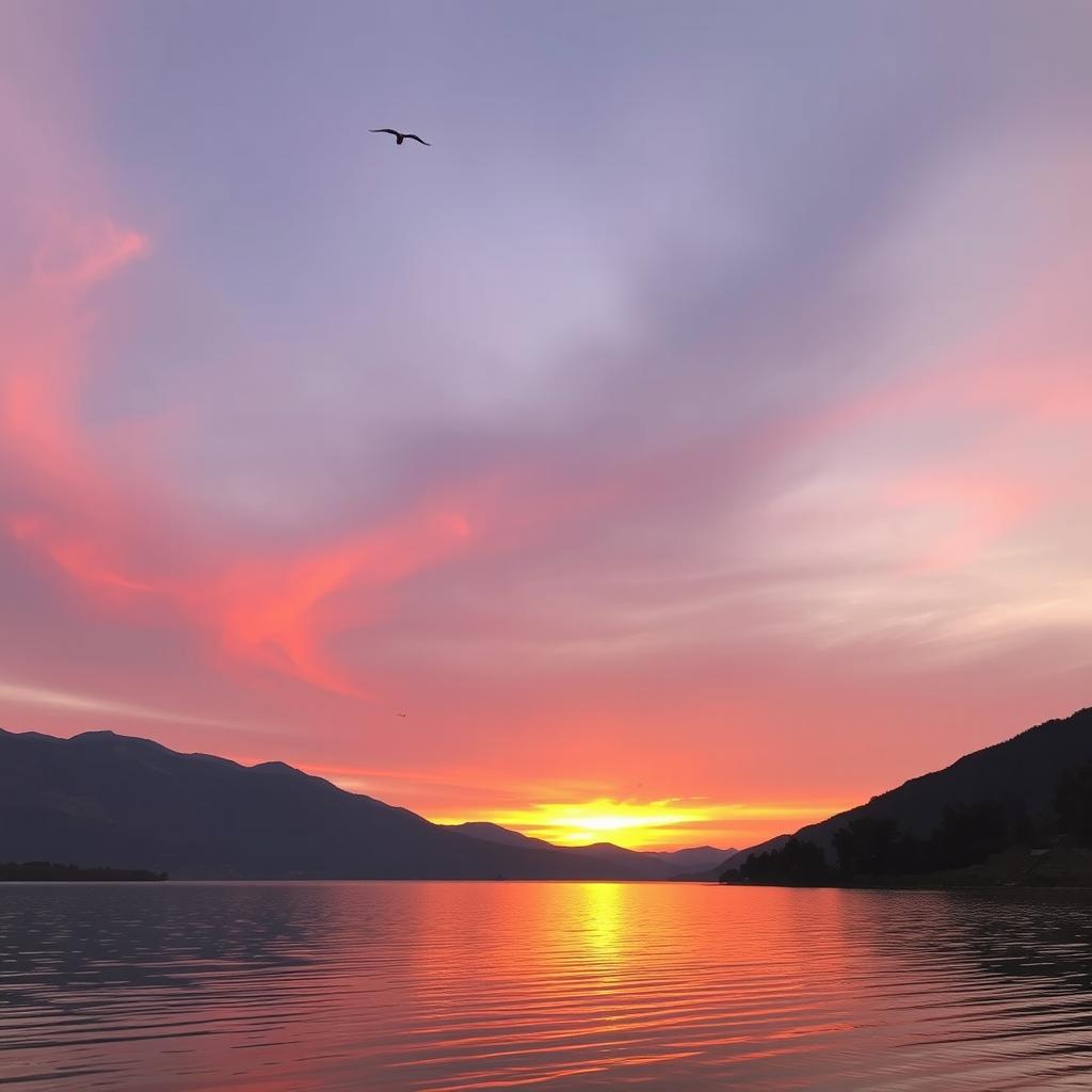 A beautiful sunrise over a calm lake with mountains in the background