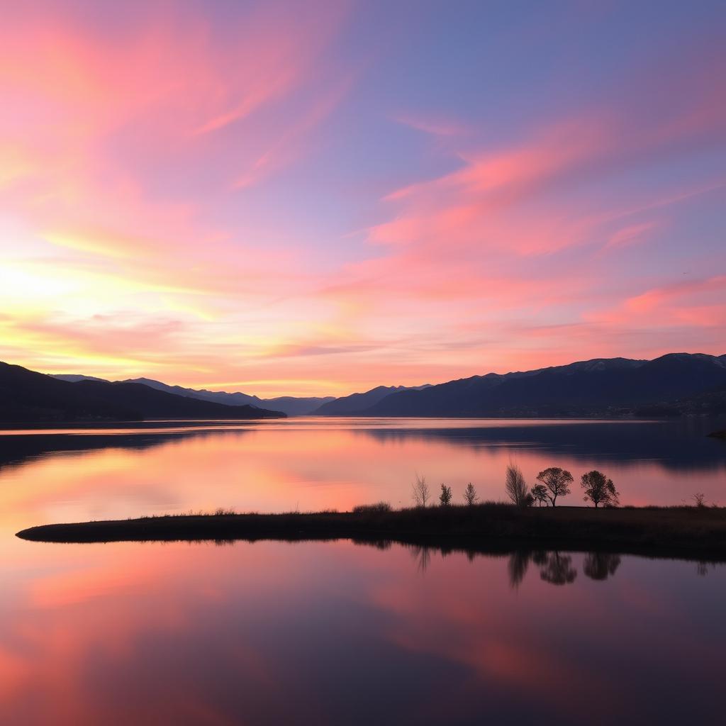 A beautiful sunrise over a calm lake with mountains in the background