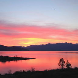 A beautiful sunrise over a calm lake with mountains in the background