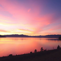 A beautiful sunrise over a calm lake with mountains in the background