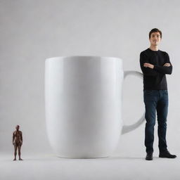 A colossal coffee mug dominating the frame, with a tiny man standing next to it, providing a scale of comparison.