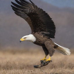 A majestic eagle mid-flight just as it captures a writhing snake, symbolizing a gripping nature scene