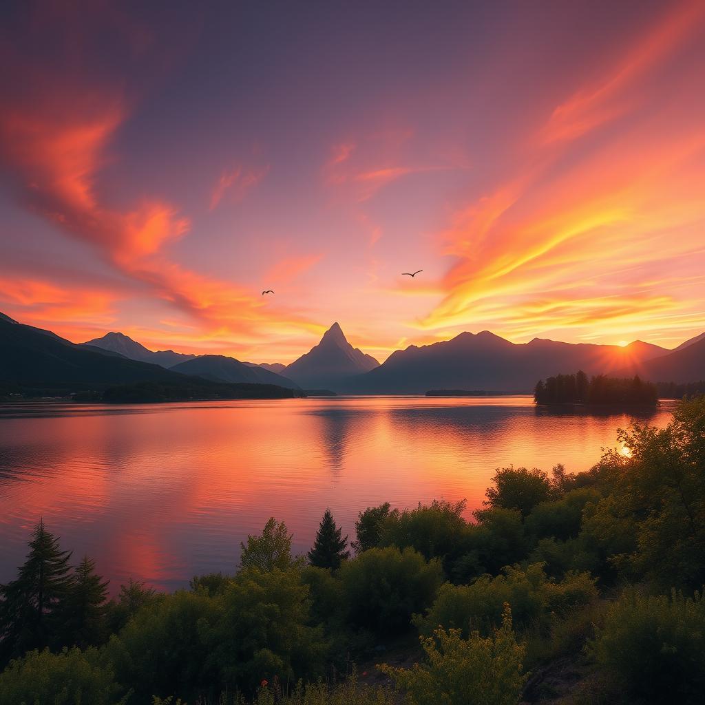 A serene landscape featuring a beautiful sunset over a calm lake, surrounded by lush greenery and tall mountains in the background