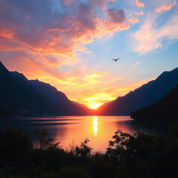 A serene landscape featuring a beautiful sunset over a calm lake, surrounded by lush greenery and tall mountains in the background