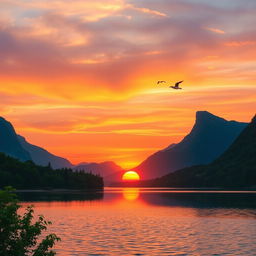 A serene landscape featuring a beautiful sunset over a calm lake, surrounded by lush greenery and tall mountains in the background