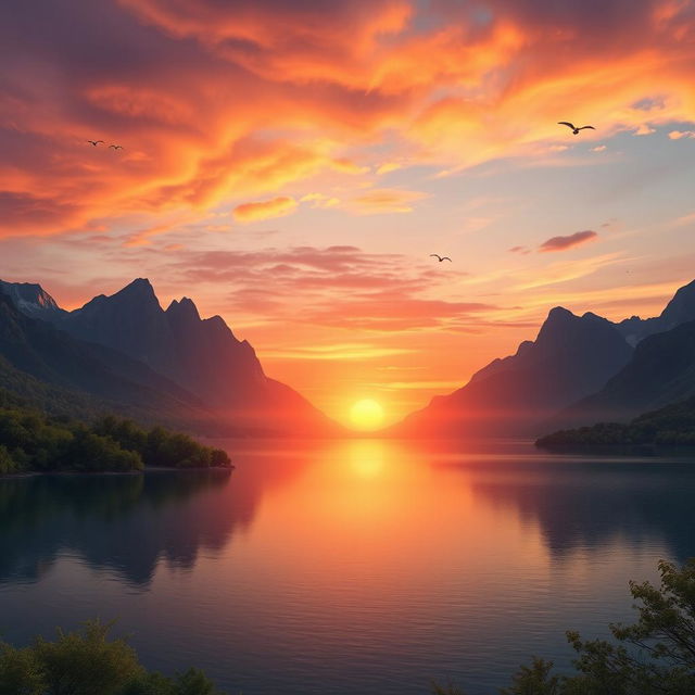 A serene landscape featuring a beautiful sunset over a calm lake, surrounded by lush greenery and tall mountains in the background