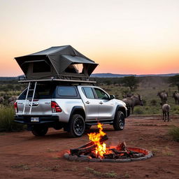 A silver Hilux GD6 overlanding and camping in the wild landscapes of Botswana