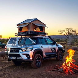 A silver Hilux GD6 overlanding and camping in the wild landscapes of Botswana