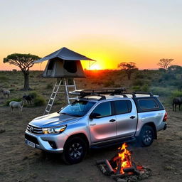 A silver Hilux GD6 overlanding and camping in the wild landscapes of Botswana