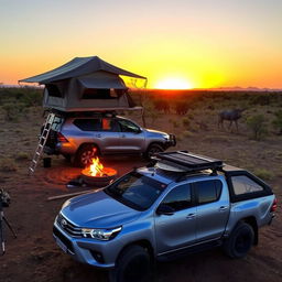 A silver Hilux GD6 overlanding and camping in the wild landscapes of Botswana