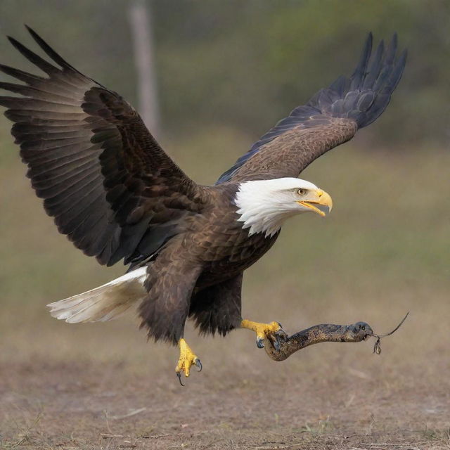 A majestic eagle mid-flight just as it captures a writhing snake, symbolizing a gripping nature scene