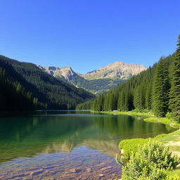 A beautiful landscape featuring a serene lake surrounded by lush green forests, with mountains in the background and a clear blue sky