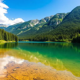 A beautiful landscape featuring a serene lake surrounded by lush green forests, with mountains in the background and a clear blue sky