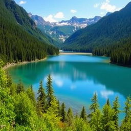 A beautiful landscape featuring a serene lake surrounded by lush green forests, with mountains in the background and a clear blue sky