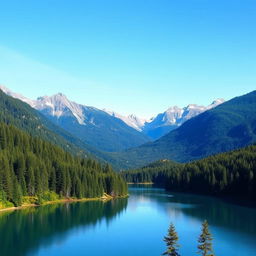 A beautiful landscape featuring a serene lake surrounded by lush green forests, with mountains in the background and a clear blue sky