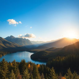 A beautiful landscape featuring a serene lake surrounded by lush green forests and majestic mountains in the background