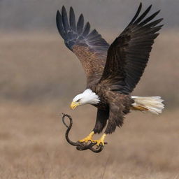 A majestic eagle mid-flight just as it captures a writhing snake, symbolizing a gripping nature scene