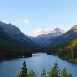 A beautiful landscape featuring a serene lake surrounded by lush green forests and majestic mountains in the background