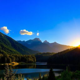 A beautiful landscape featuring a serene lake surrounded by lush green forests and majestic mountains in the background