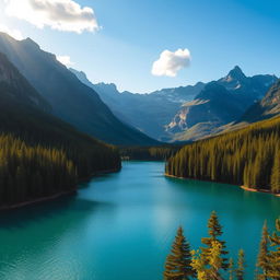 A beautiful landscape featuring a serene lake surrounded by lush green forests and majestic mountains in the background