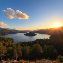 A beautiful landscape featuring a serene lake surrounded by lush green forests and mountains in the background