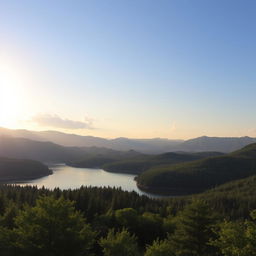 A beautiful landscape featuring a serene lake surrounded by lush green forests and mountains in the background