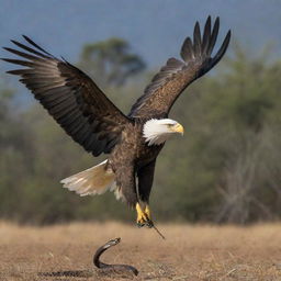 A majestic eagle mid-flight just as it captures a writhing snake, symbolizing a gripping nature scene