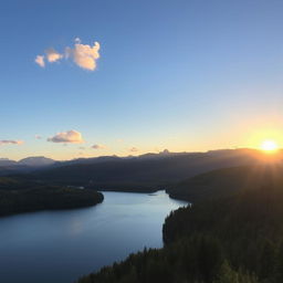 A beautiful landscape featuring a serene lake surrounded by lush green forests and mountains in the background