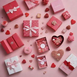 A heartwarming image displaying a selection of Valentine's Day gifts available at Insia, infused with a romantic vibe and showcasing different products such as jewelry, perfumes, chocolates, and love-themed accessories.