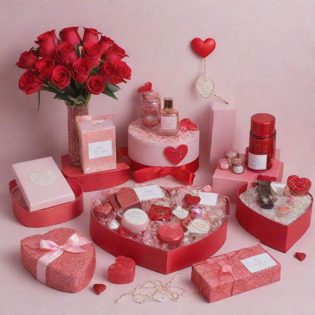 A heartwarming image displaying a selection of Valentine's Day gifts available at Insia, infused with a romantic vibe and showcasing different products such as jewelry, perfumes, chocolates, and love-themed accessories.