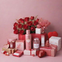 A heartwarming image displaying a selection of Valentine's Day gifts available at Insia, infused with a romantic vibe and showcasing different products such as jewelry, perfumes, chocolates, and love-themed accessories.