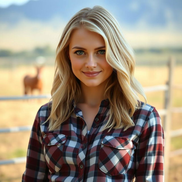 Photograph of a beautiful 27-year-old Caucasian woman, cattle rancher, with waist-length blonde hair, blue eyes, high cheekbones, full lips, slender, wearing a plaid shirt and form-fitting jeans, no makeup, looking into the camera with a small smile