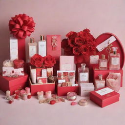 A heartwarming image displaying a selection of Valentine's Day gifts available at Insia, infused with a romantic vibe and showcasing different products such as jewelry, perfumes, chocolates, and love-themed accessories.