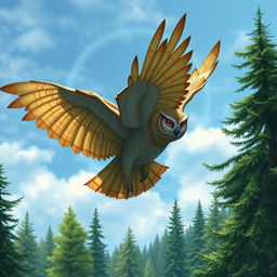 A majestic Dungeons and Dragons owl druid soaring through the sky