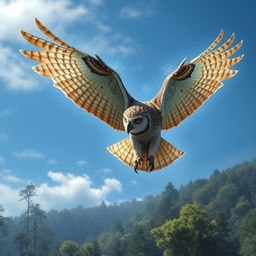 A majestic Dungeons and Dragons owl druid soaring through the sky