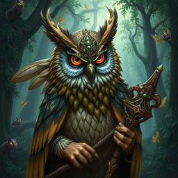 A Dungeons and Dragons owlin druid wearing a mystical mask