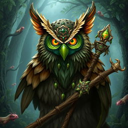 A Dungeons and Dragons owlin druid wearing a mystical mask