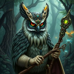 A Dungeons and Dragons owlin druid wearing a mystical mask