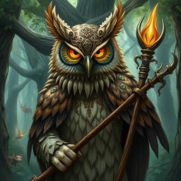 A Dungeons and Dragons owlin druid wearing a mystical mask