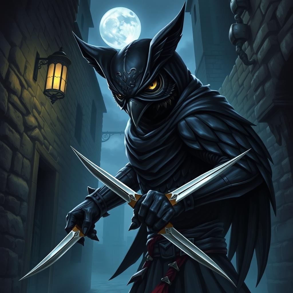 A Dungeons and Dragons owlin assassin wearing a dark, menacing mask