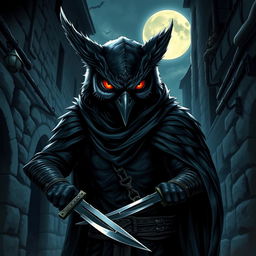 A Dungeons and Dragons owlin assassin wearing a dark, menacing mask