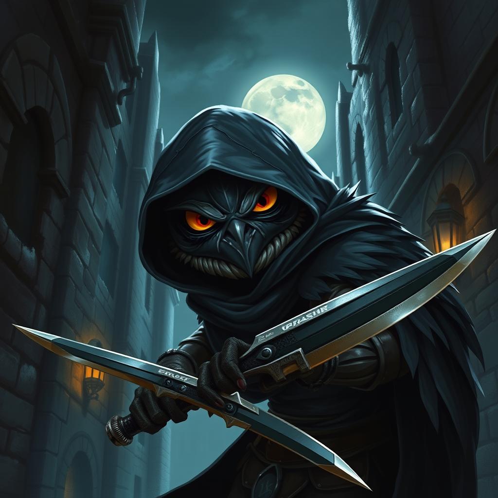 A Dungeons and Dragons owlin assassin wearing a dark, menacing mask