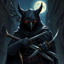 A Dungeons and Dragons owlin assassin wearing a dark, menacing mask