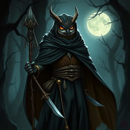 A Dungeons and Dragons owlin character combining the traits of an assassin and a druid, cloaked in a dark, mysterious robe