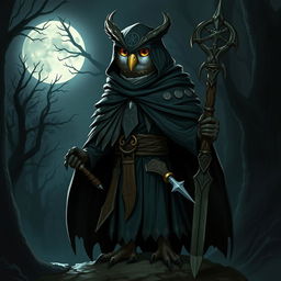 A Dungeons and Dragons owlin character combining the traits of an assassin and a druid, cloaked in a dark, mysterious robe