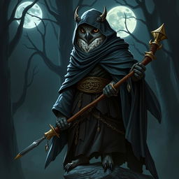 A Dungeons and Dragons owlin character combining the traits of an assassin and a druid, cloaked in a dark, mysterious robe