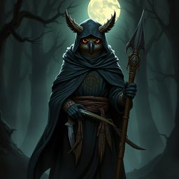 A Dungeons and Dragons owlin character combining the traits of an assassin and a druid, cloaked in a dark, mysterious robe