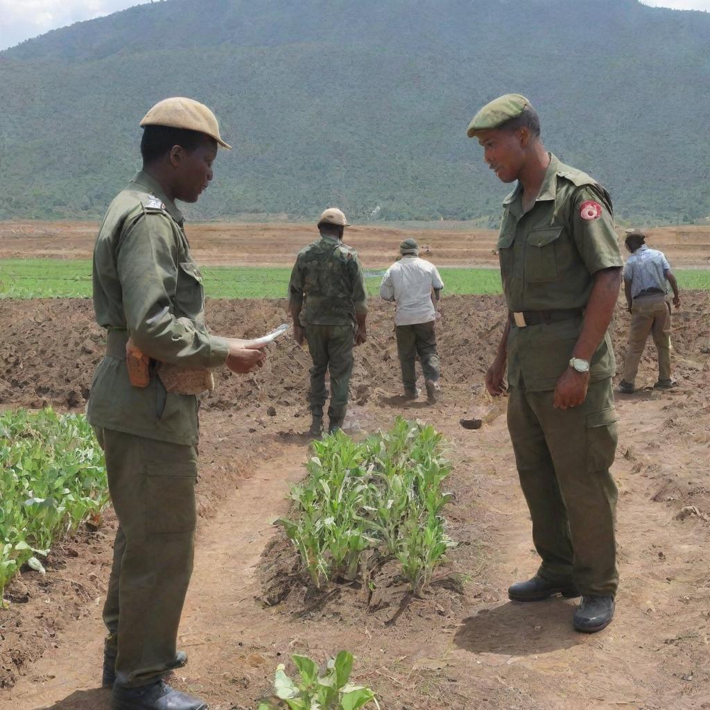 A soldier, dressed in uniform, collaboratively farming with local farmers. In their midst, a dam is under construction.